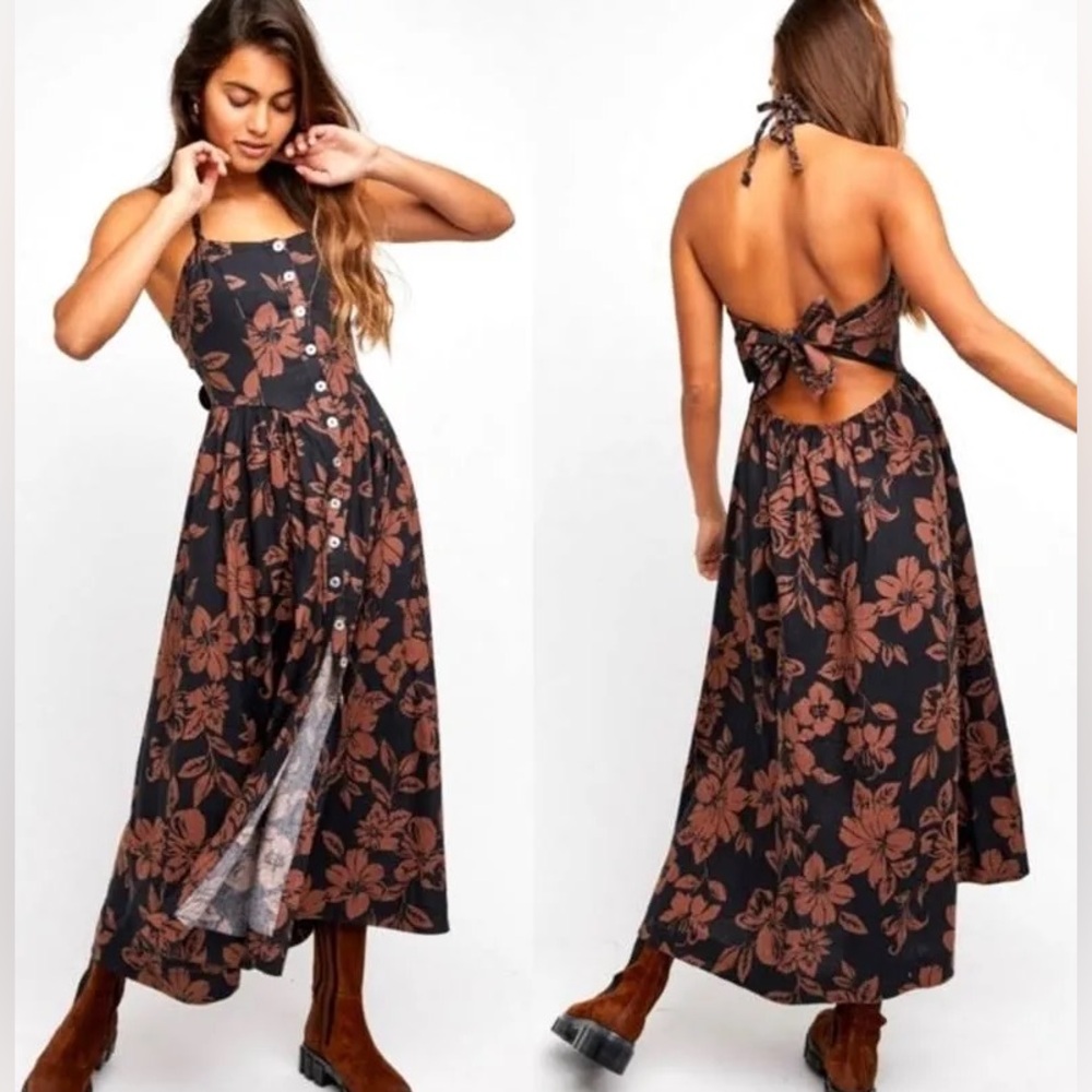 Free People Black Dress with Rust Floral Print